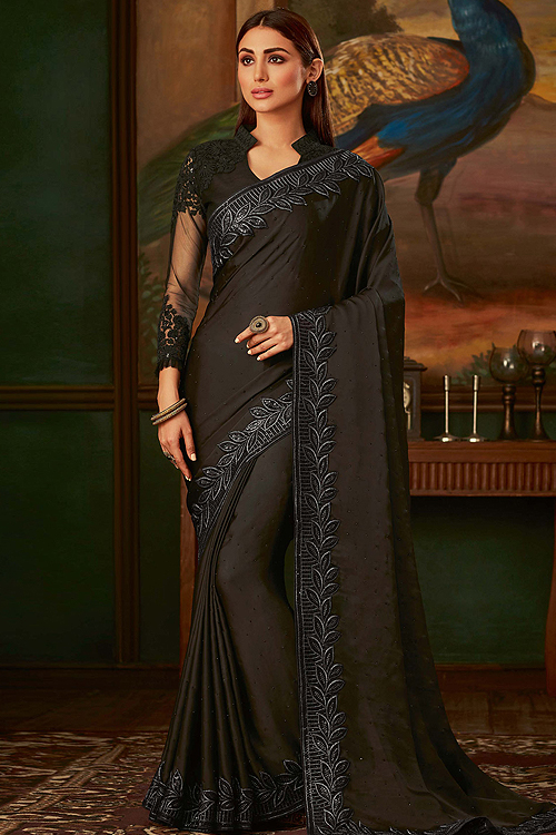 Buy Black Satin Silk Designer Saree Online Like A Diva 