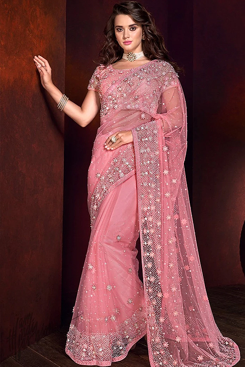 Buy Pastel Pink Pearl Work Saree In Net Online | Like A Diva