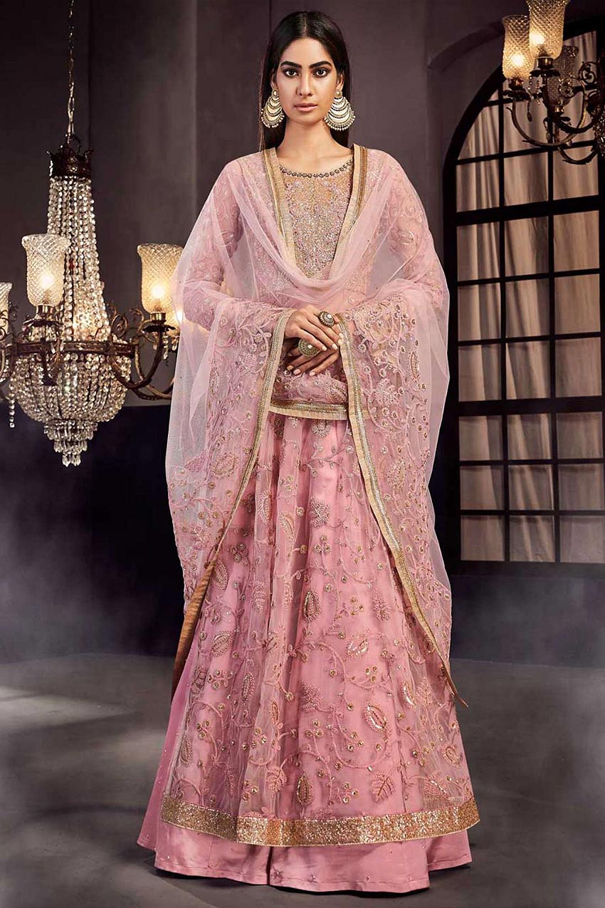 Buy Blush Pink Embroidered Anarkali Suit With Lehenga Online | Like A Diva