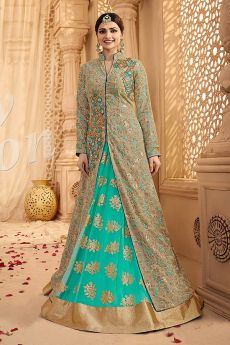 Beige and Turquoise Green Heavy Embroidered Net Georgette Lehenga Suit With Dupatta