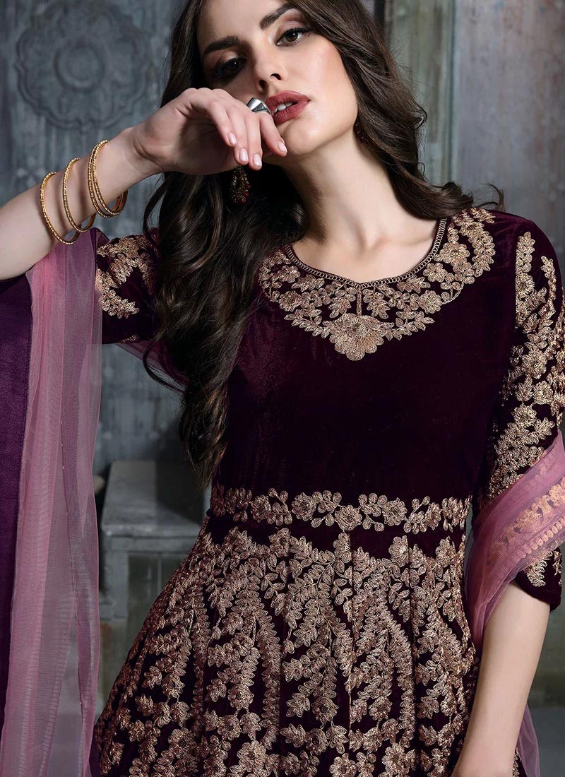 Buy Wine Zari Embroidered Velvet 