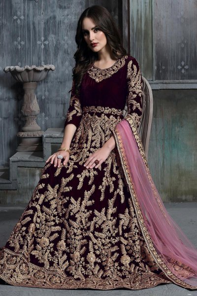 Wine Zari Embroidered Velvet Anarkali Suit with Net Dupatta