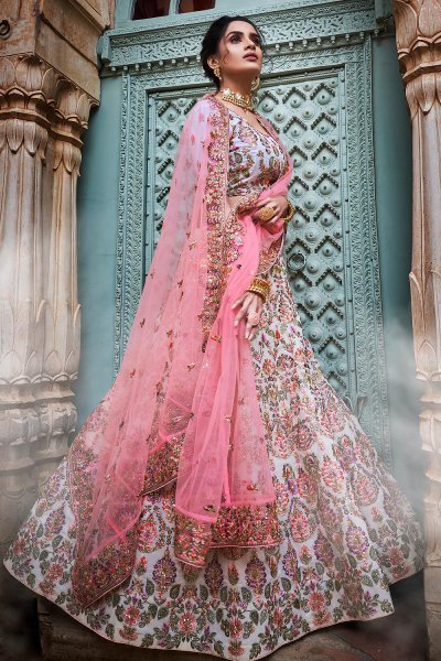 Off White & Pink Embroidered Lehenga in Georgette