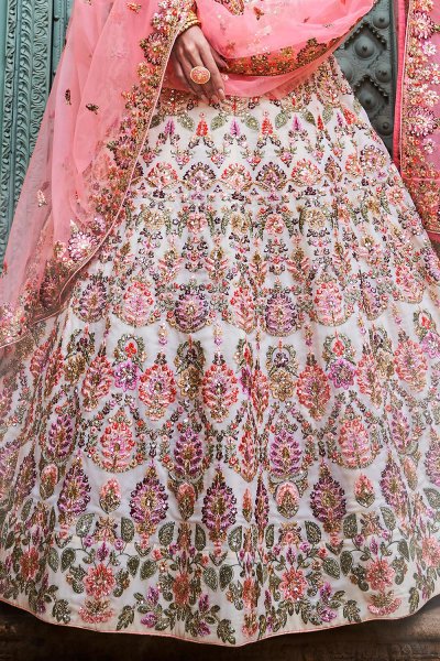 Off White & Pink Embroidered Lehenga in Georgette