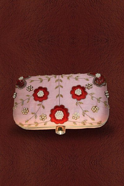 Floral Hand Embroidered Clutch with Bead Work