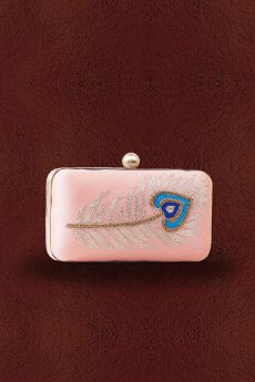 Peach Peacock Feather Hand Embroidered Clutch
