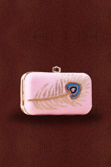 Pink Peacock Feather Embroidered Clutch