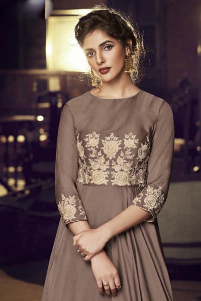 Ready to Wear Chocolate Brown Silk Gown with Embroidery