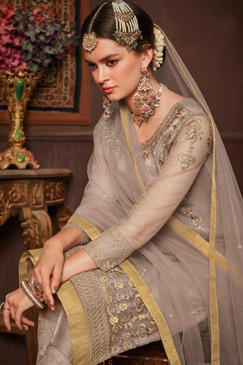 Buy Trending Taupe Suit With Embellishment Online | Like A Diva