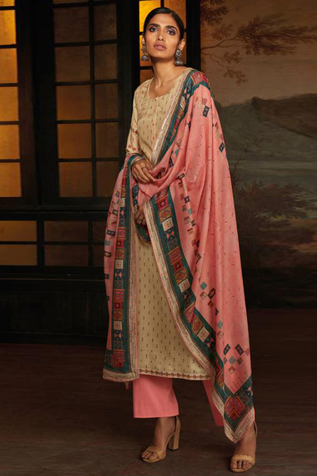 Ready to Wear Beige Silk Palazzo Suit with Hand Embroidery