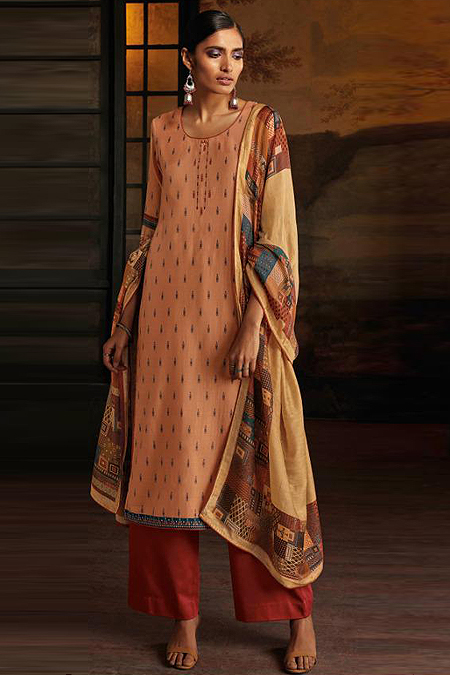 Ready to Wear Dark Peach Silk Palazzo Suit with Hand Embroidery