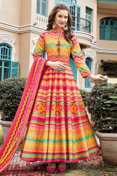 Ready To Wear Multicolored Chevron Print Indian Anarkali Dress in Silk