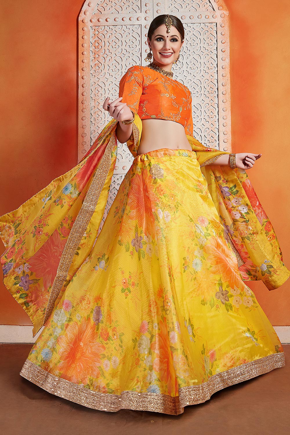 Yellow Floral Printed Silk Indian Lehenga