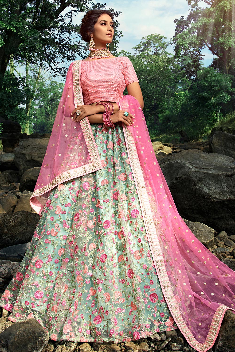 Buy Pink And Cyan Designer Lehenga With 