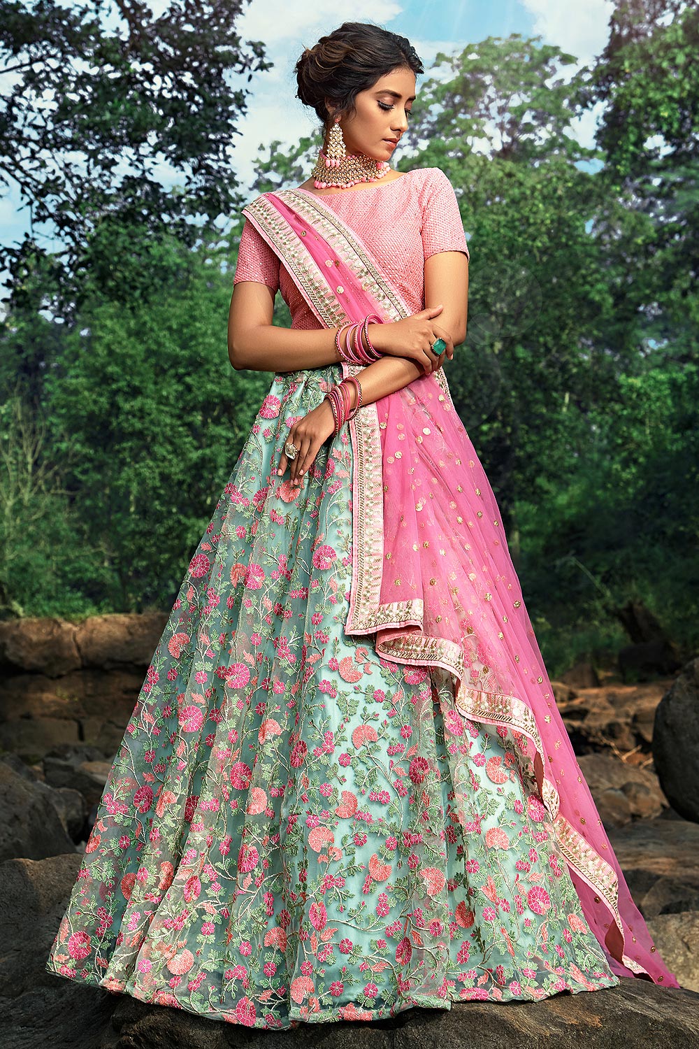 Buy Pink And Cyan Designer Lehenga With 