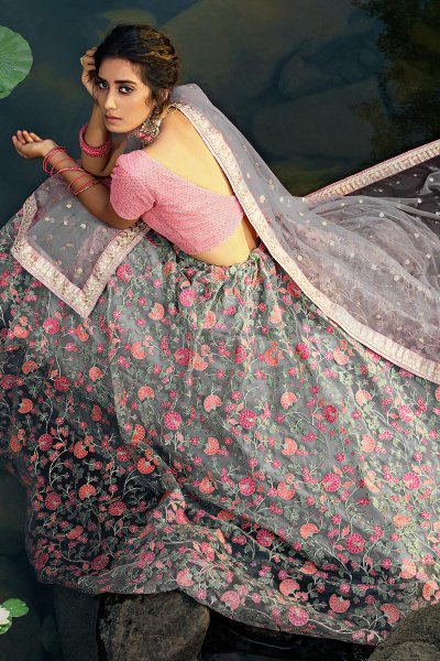 Pink and Grey Designer Lehenga with Beautiful Embroidery