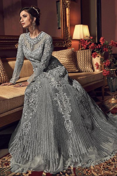 Grey Embellished Indian Designer Anarkali Gown