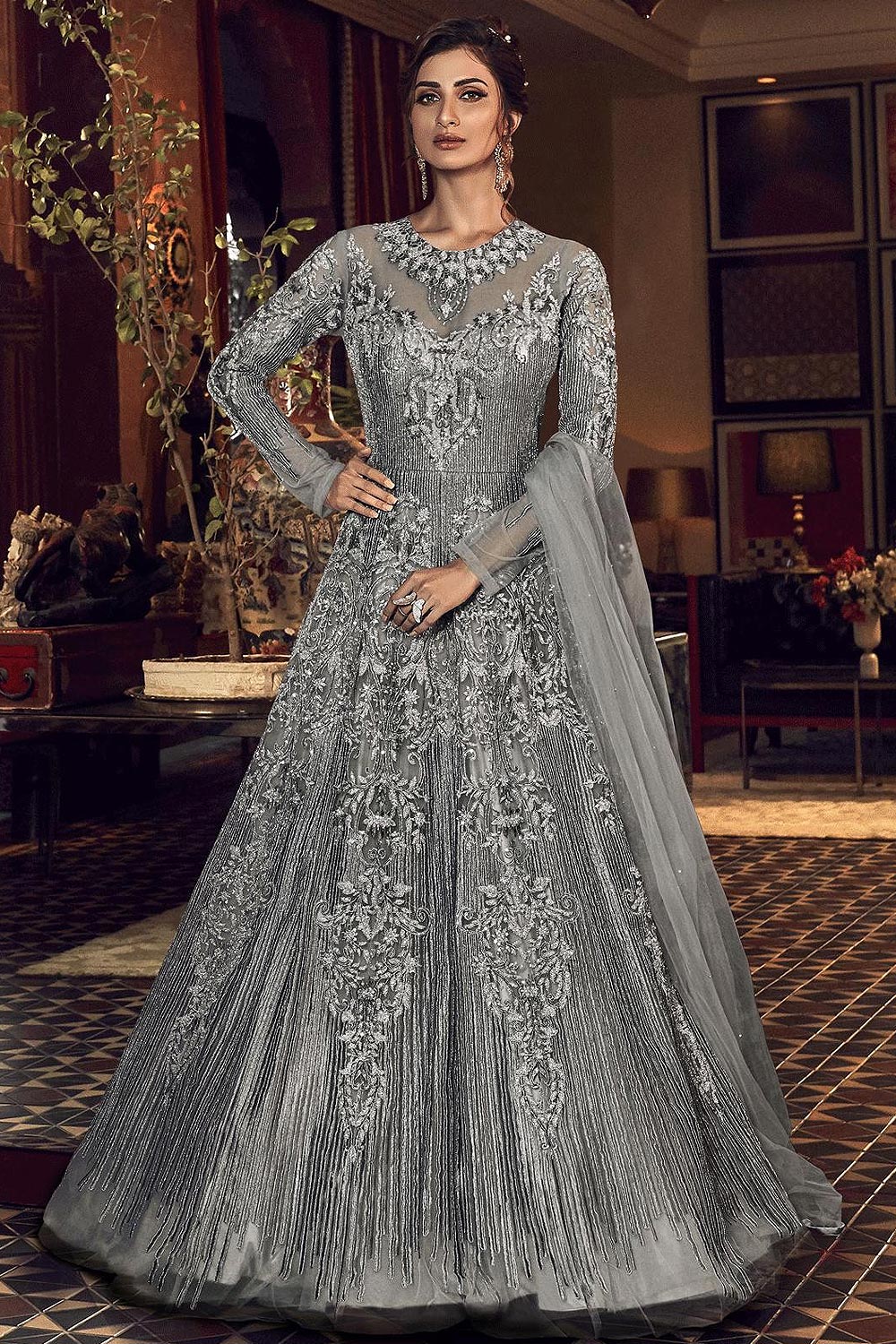 Buy Grey Embellished Indian Designer Anarkali Gown Online | Like A Diva