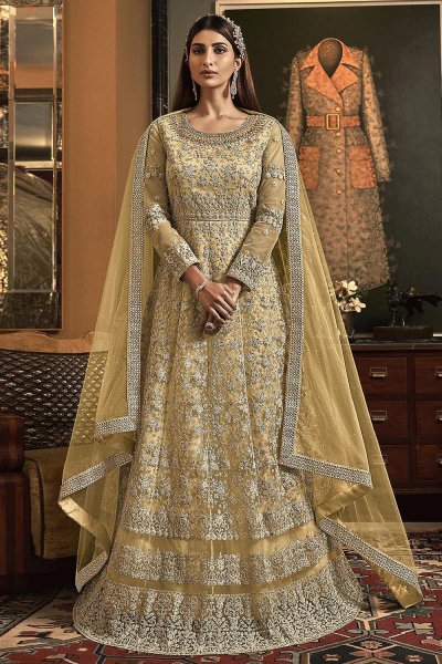 Beige Yellow Embroidered Anarkali Suit
