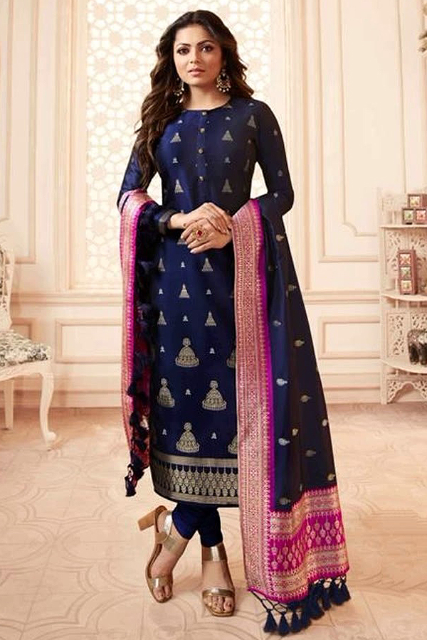 Buy Navy Blue Banarasi Silk Salwar Kameez Online | Like A Diva