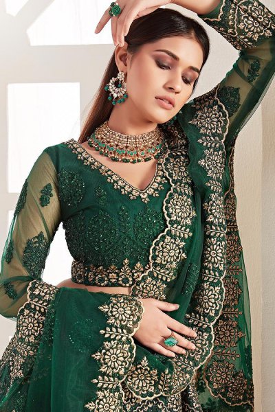 Bottle Green Beautiful Embroidered Indian Lehenga in Net lined with Silk