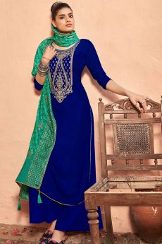 Ready to Wear Royal Blue Zari Embroidered Velvet Palazzo Suit