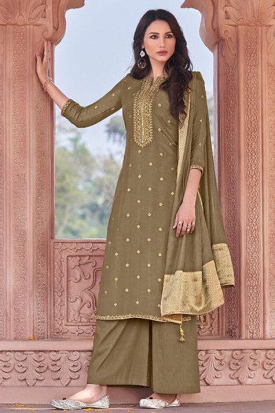Ready to Wear Olive Green Viscose Jacquard Weaved Palazzo Suit