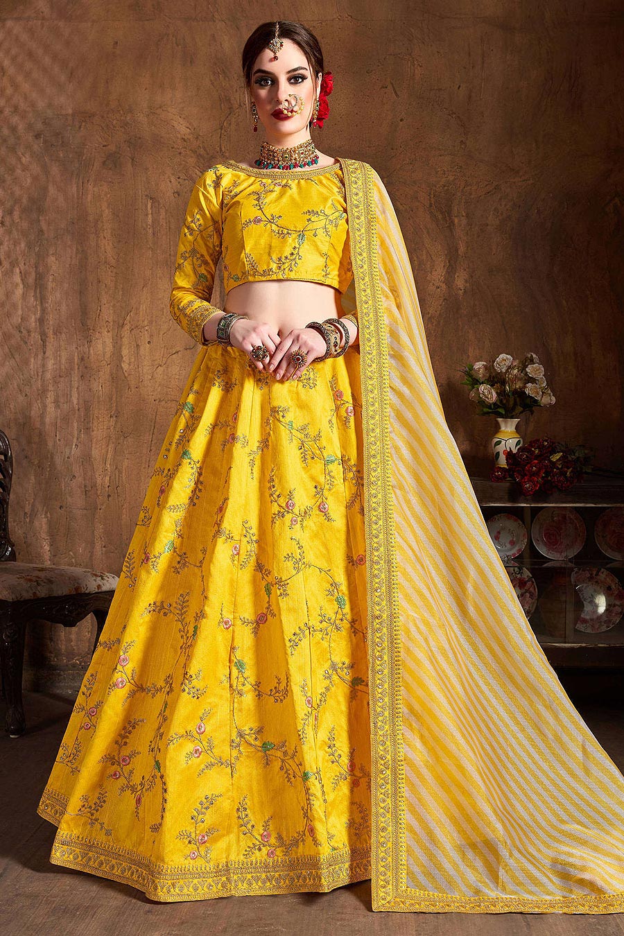 Buy Yellow Zari Embroidered Lehenga In Silk With Lehriya Dupatta Online ...