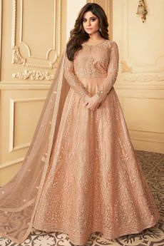 Peach Embroidered Anarkali Suit with Net Dupatta
