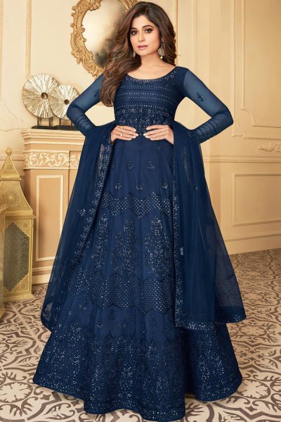 Dark Blue Embroidered Anarkali Suit with Net Dupatta