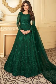 Bottle Green Embroidered Anarkali Suit with Net Dupatta