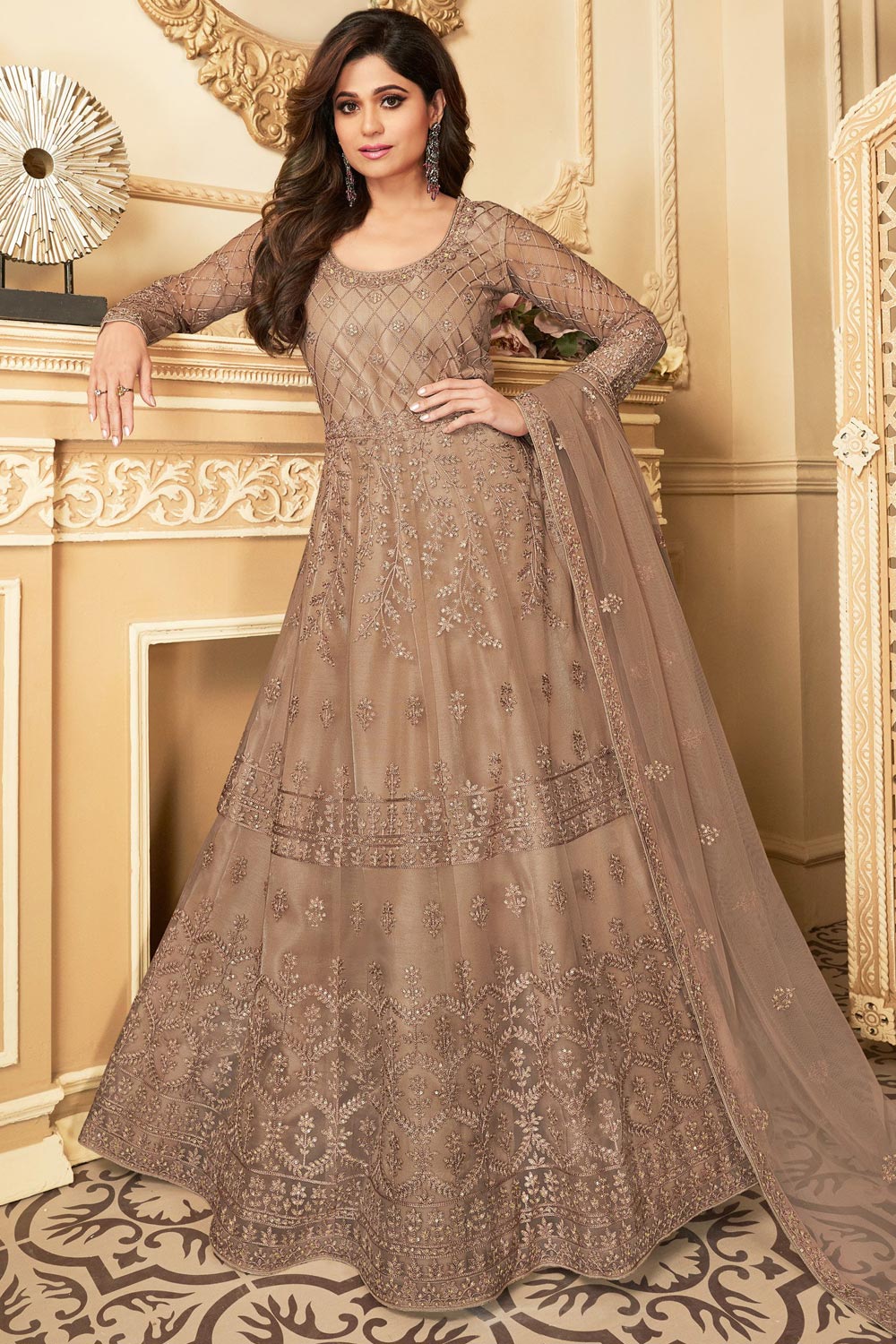 Pale Brown Embroidered Anarkali Suit 