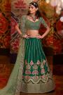 Bottle Green Indian Lehenga with Floral Zari Embroidery in Raw Silk
