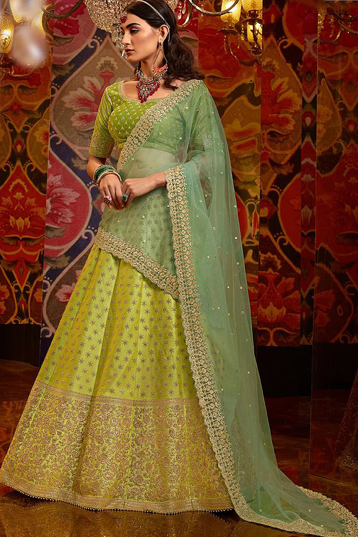 Green Silk Zari Embroidered Lehenga Choli Set