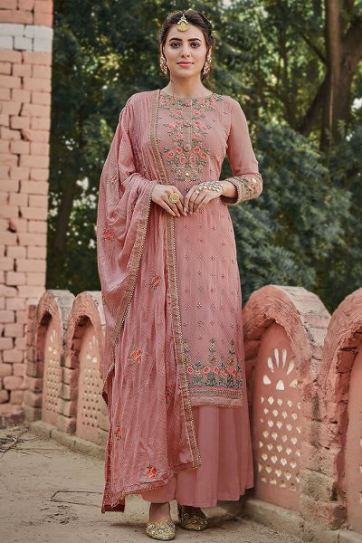 Blush Pink Intricate Embroidered Palazzo Suit in Chinon
