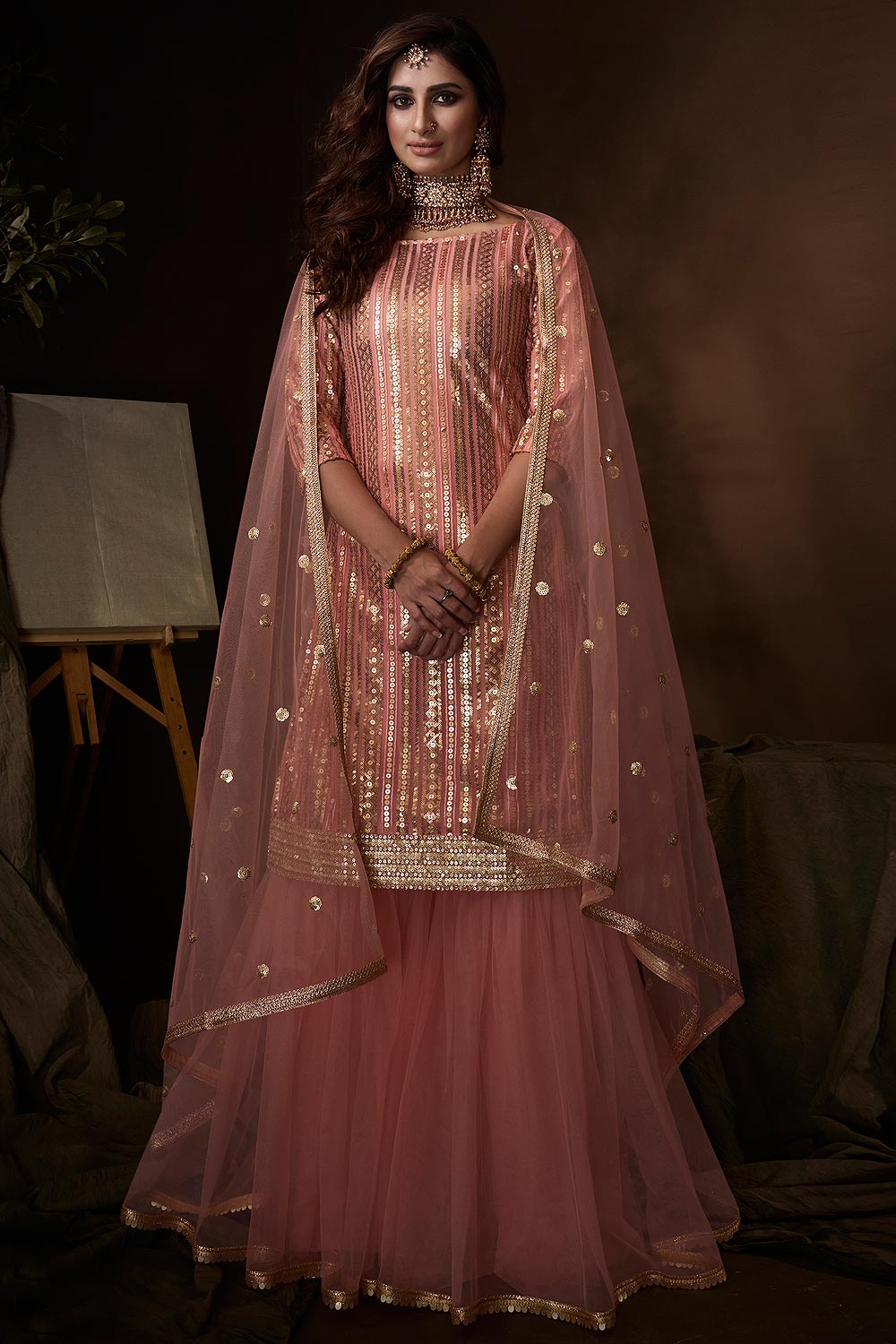 Details about   Sexy Bridal Wedding Salwar Kameez Ethnic Net Pink Peach Sharara Kurta Suit Dress 