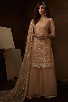 Stunning Sand Sequin Embellished Sharara Suit in Net with Mirror Detailing