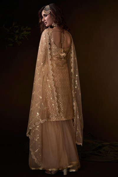Stunning Sand Sequin Embellished Sharara Suit in Net with Mirror Detailing