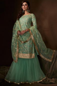 Mint Green Designer Indian Suit with Floral Embellishments