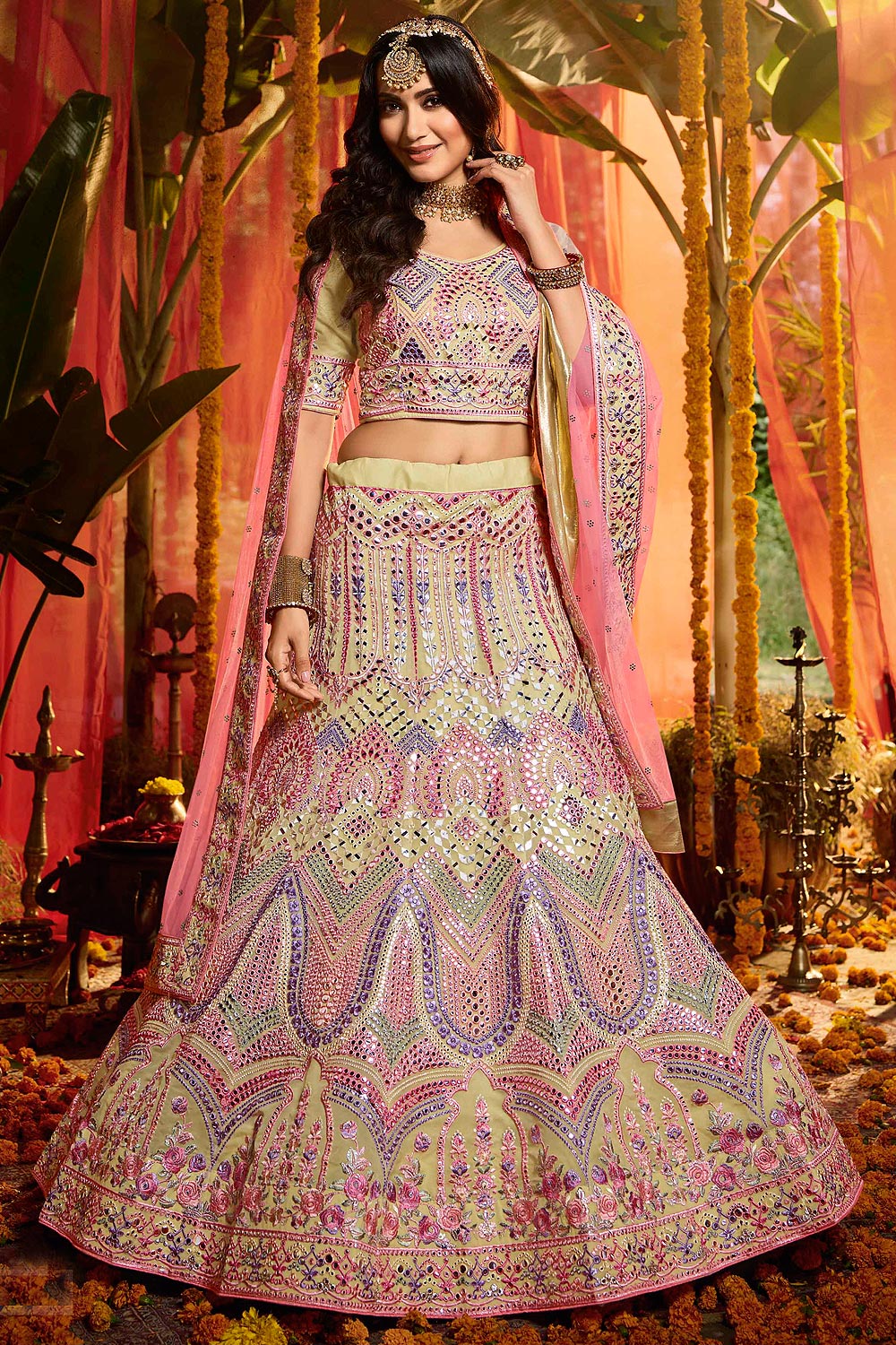 Pale Yellow Organza Embroidered Lehenga with Mirror Work