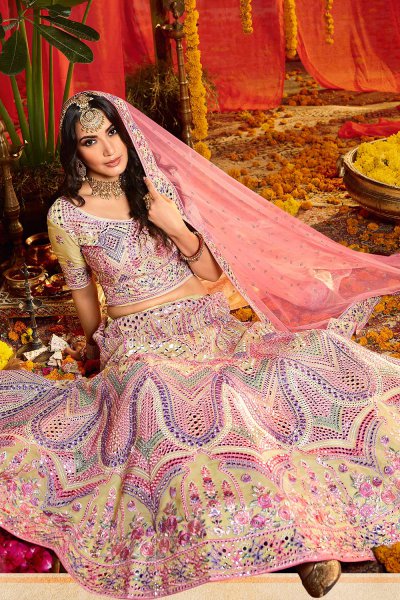 Pale Yellow Organza Embroidered Lehenga with Mirror Work