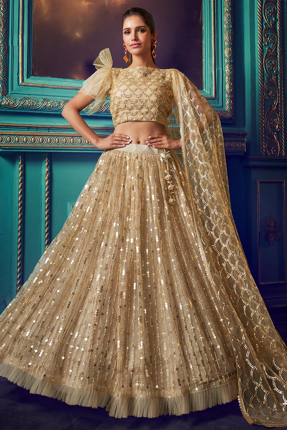 Dusky Beige Party Wear Lehenga with Beautiful Embroidery