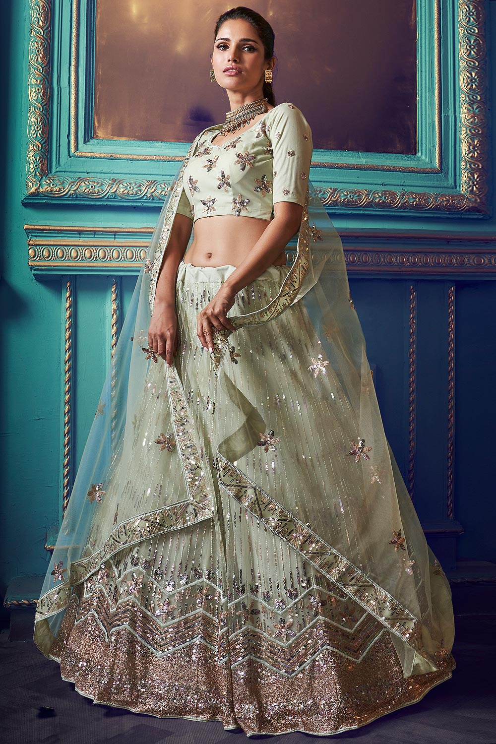 Buy Pastel Green Sequin Embellished 