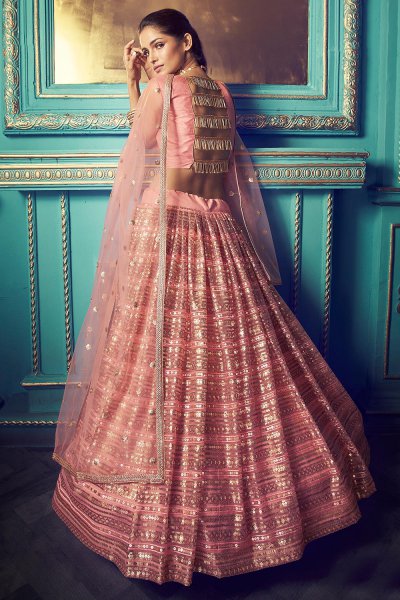 Pink Zari Embroidered Designer Indian Party Lehenga in Net