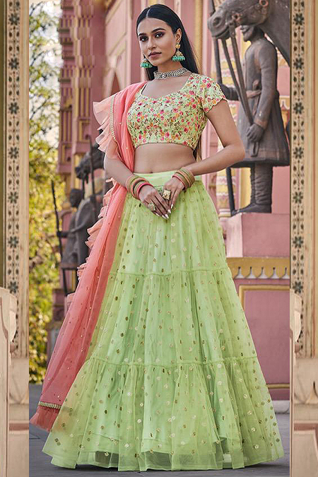 Light Green Tiered Net Lehenga with Resham Embroidered Blouse