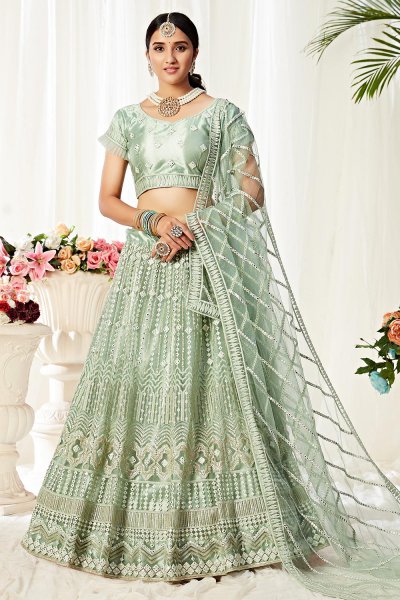 Light Pistachio Green Resham Embroidered and Sequin Embellished Net Lehenga Choli Light Pistachio Green Resham Embroidered and Sequin Embellished Net Lehenga Choli