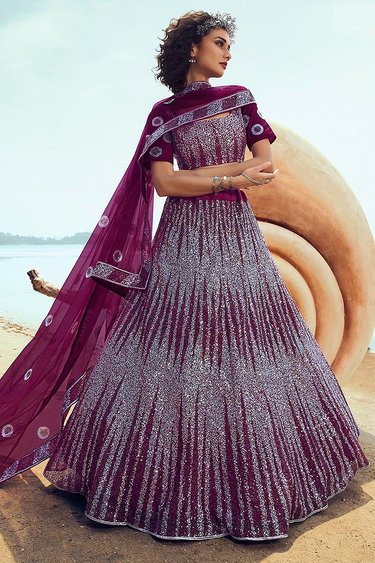 Wine Sequin Embellished Designer Net Indian Lehenga