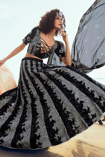 Black Sequin Embellished Indian Designer Net Lehenga