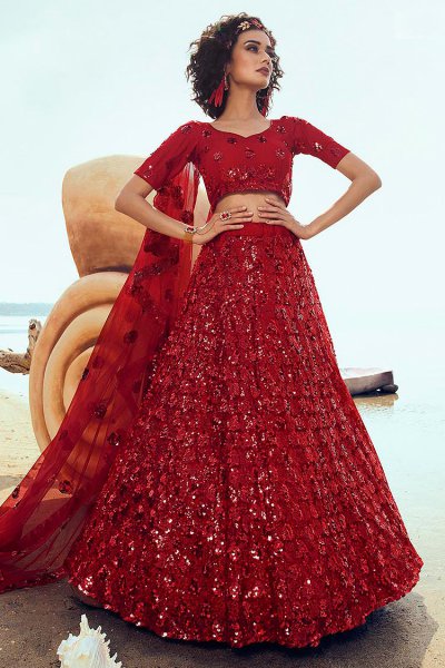 Ravishing Red Sequin Embellished Net Lehenga Choli