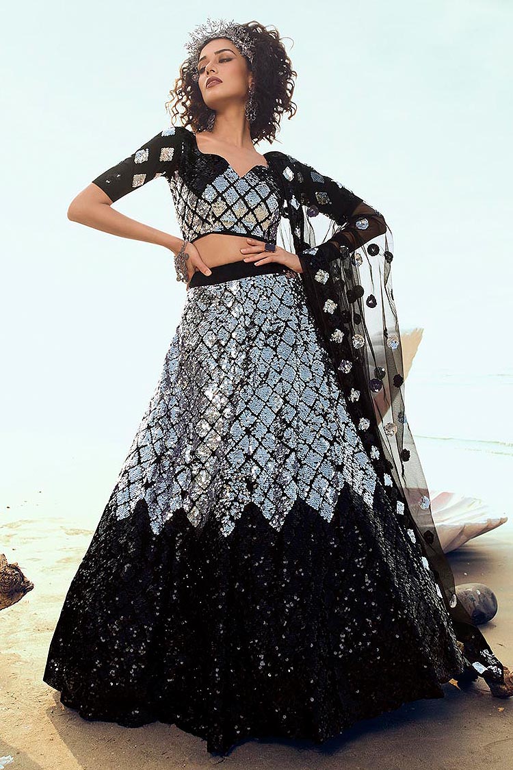 Black sequin Embellished Designer Net Lehenga